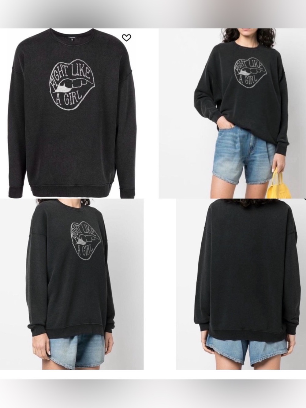 R13 Fight Like A Girl Oversized Crew Neck Sweatshirt Black M Relaxed Fit $450
